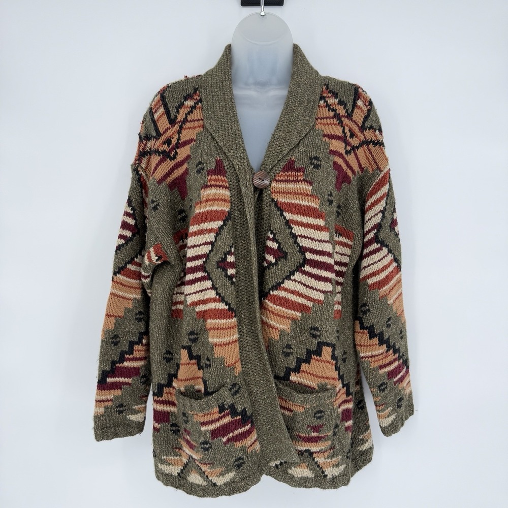 VTG Country Shop M Hand Knit Southwestern Collared Silk‎ Wool Cardigan Sweater